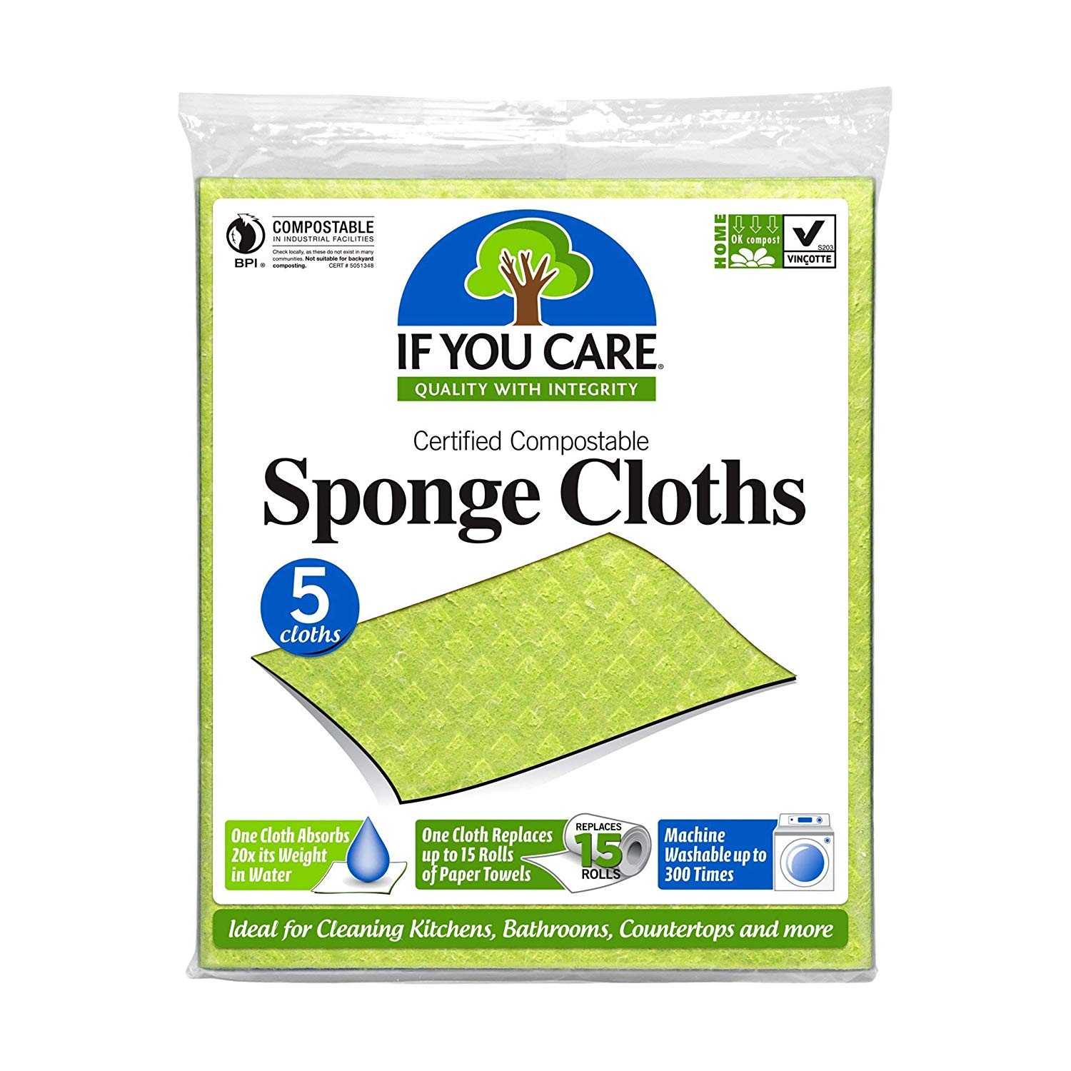 IF YOU CARE 100% Natural Sponge Cloths, 5 Count