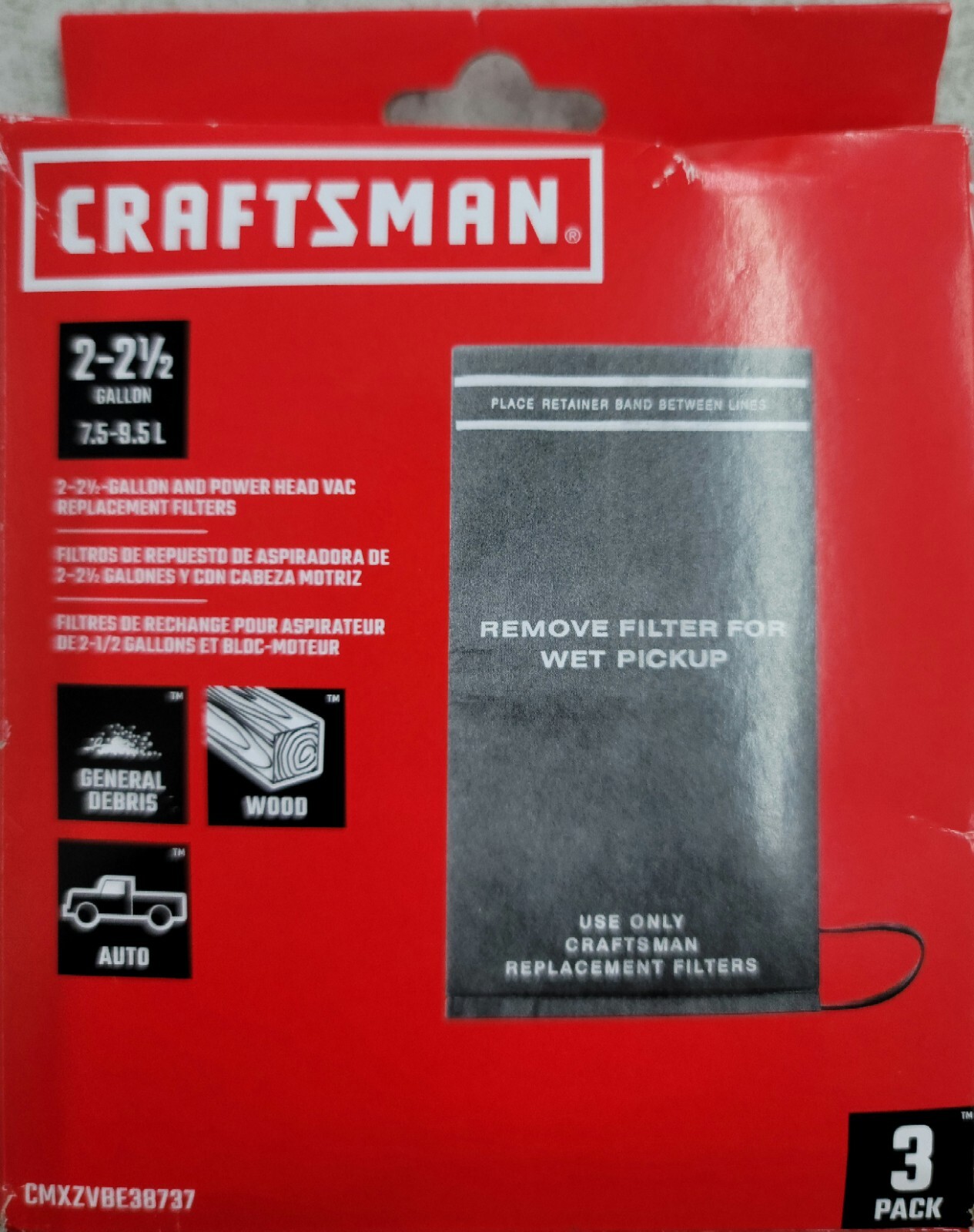 3pk OEM Craftsman Replacement Filter For Wet/Dry Vacs 2 2.5 CMXZBE3837 Gal 1B3