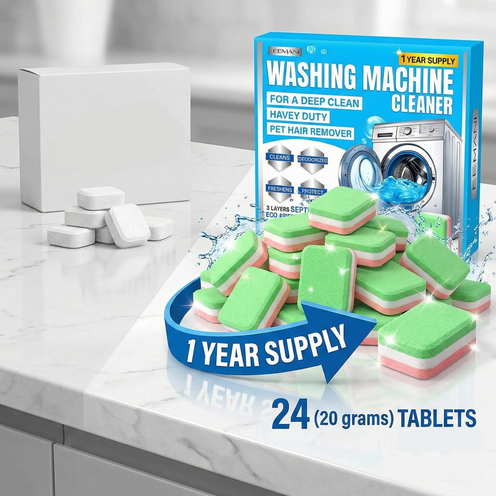 Washing Machine Cleaner Tablets 24 Pack – Deep Cleaning for HE Front & Top Lo…