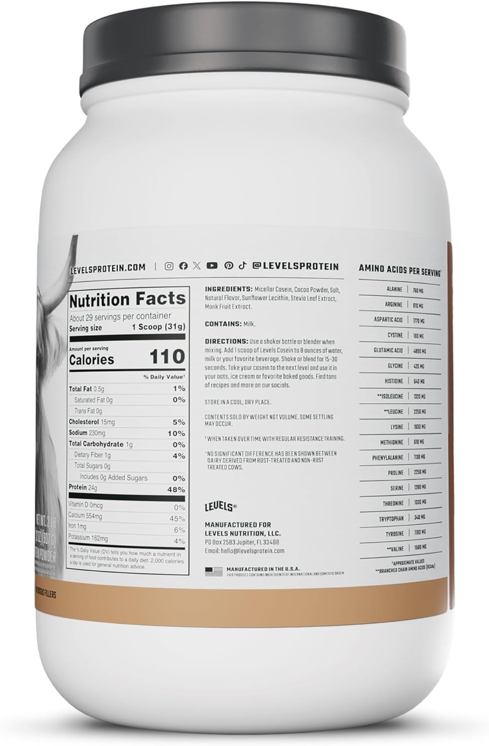Levels 100% Micellar Casein Protein, Hormone Free, Chocolate, 2LB