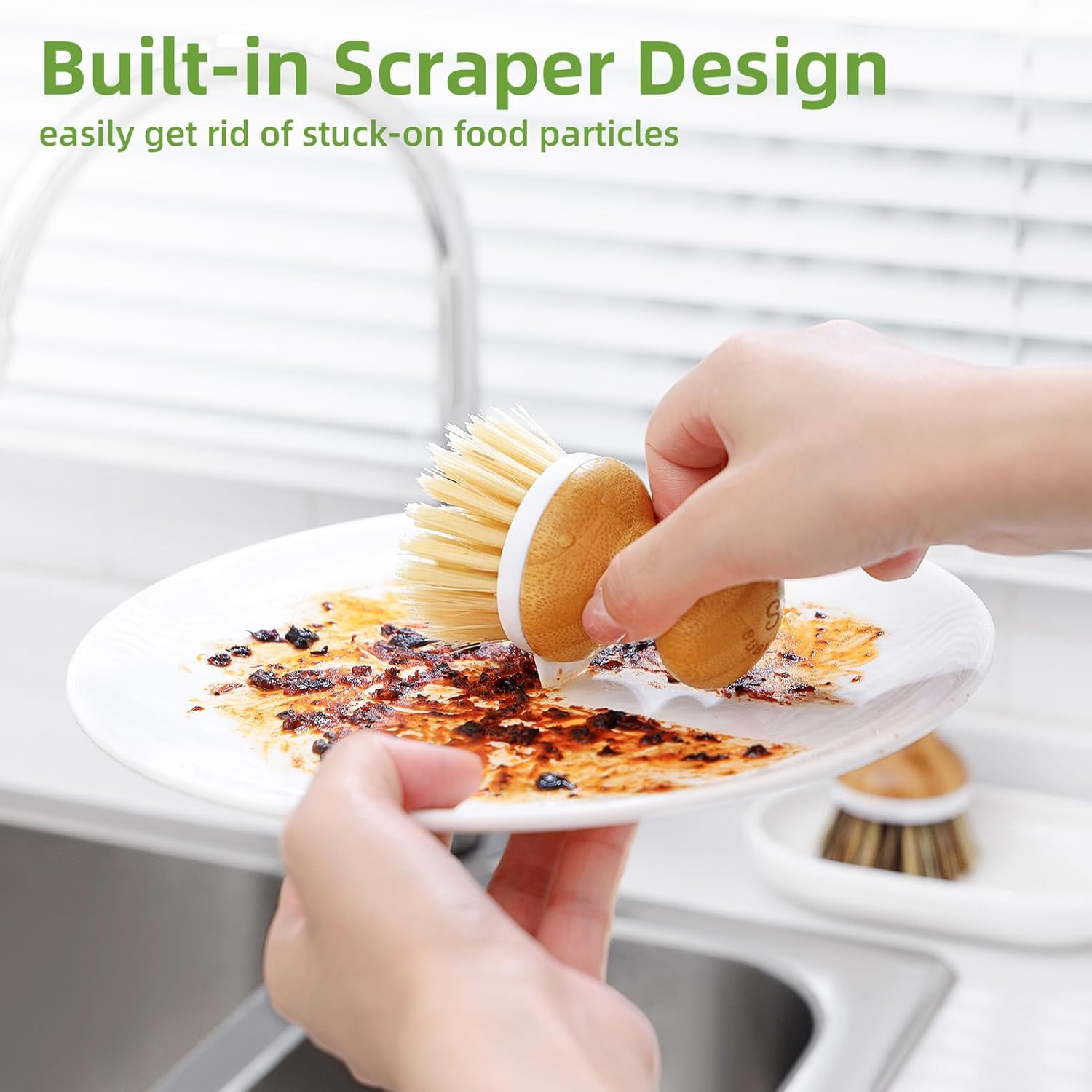 Dish Brush, Bamboo Dish Scrubber Brush Set with Tray, Natural Kitchen Dishwas…