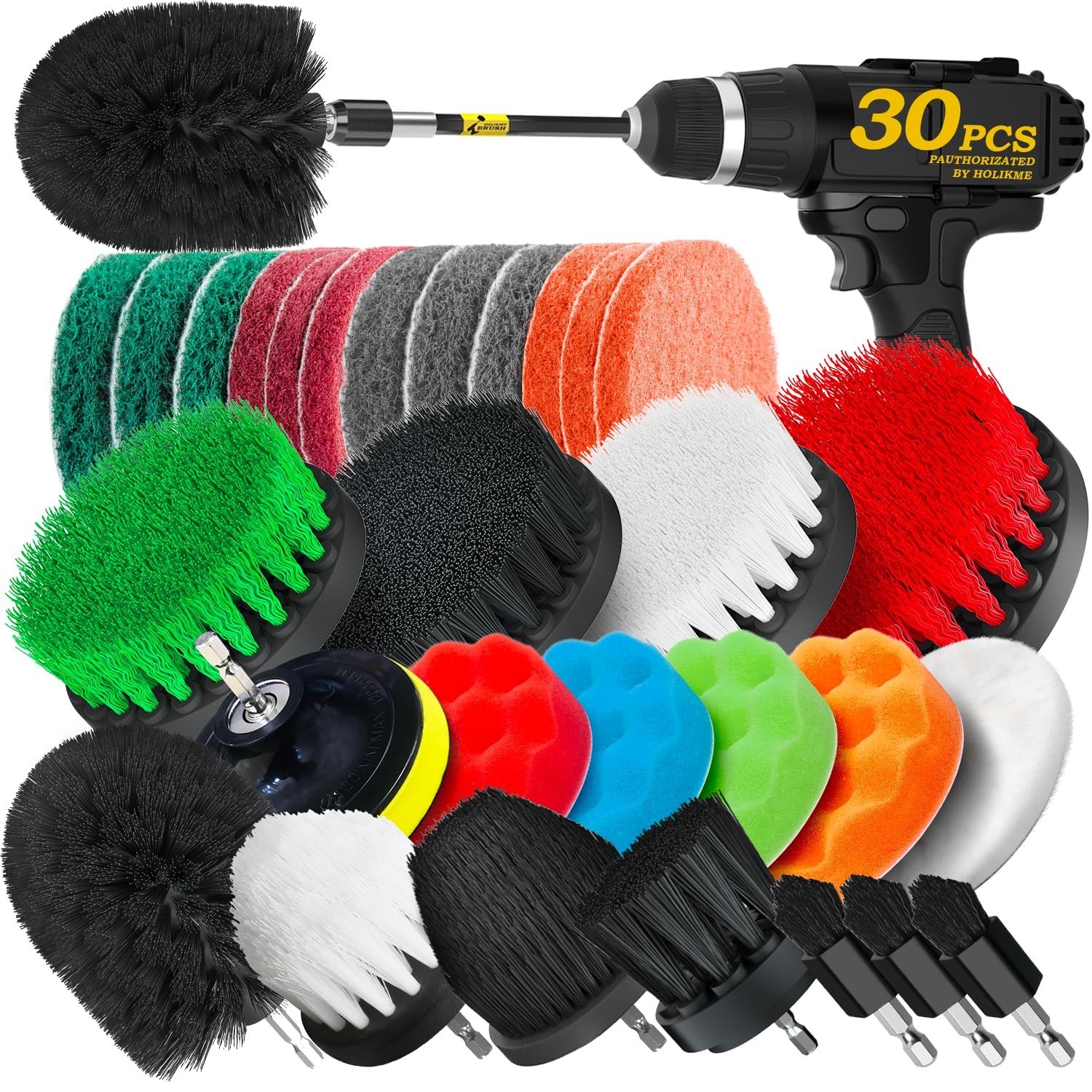30-Piece Drill Brush Set with Long Handle, Scrub Pads for Grout, Tiles, Bathtub,