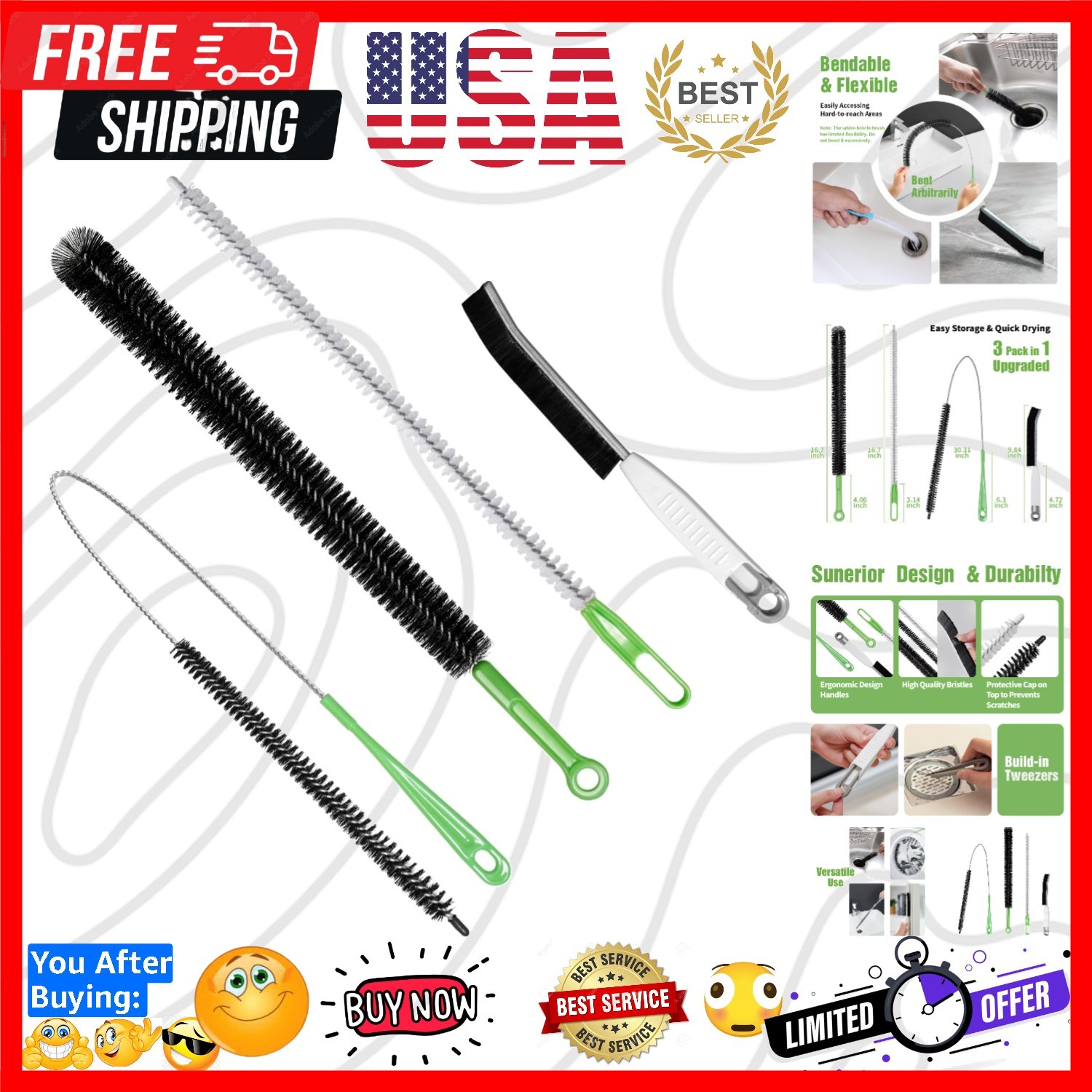 4pcs Flexible Cleaning Brush Set for Dryer Vents, Fridge Coils, HVAC Systems …