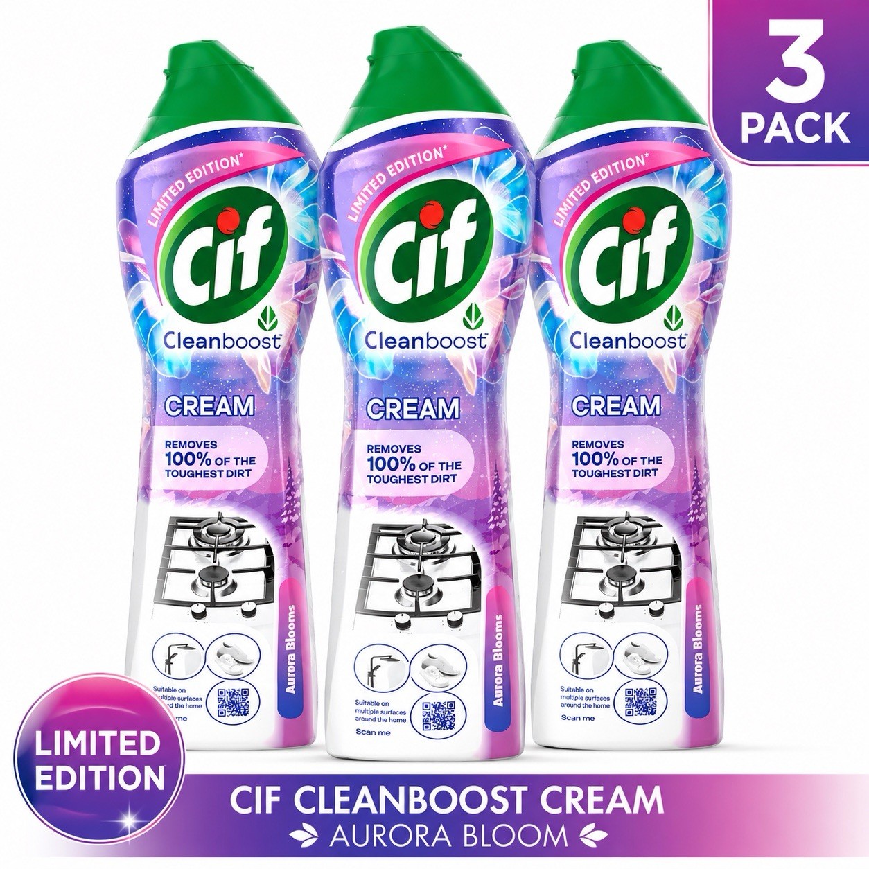 3 x Cif Cleanboost Cream Aurora Bloom Limited Edition Cleaner 500ml