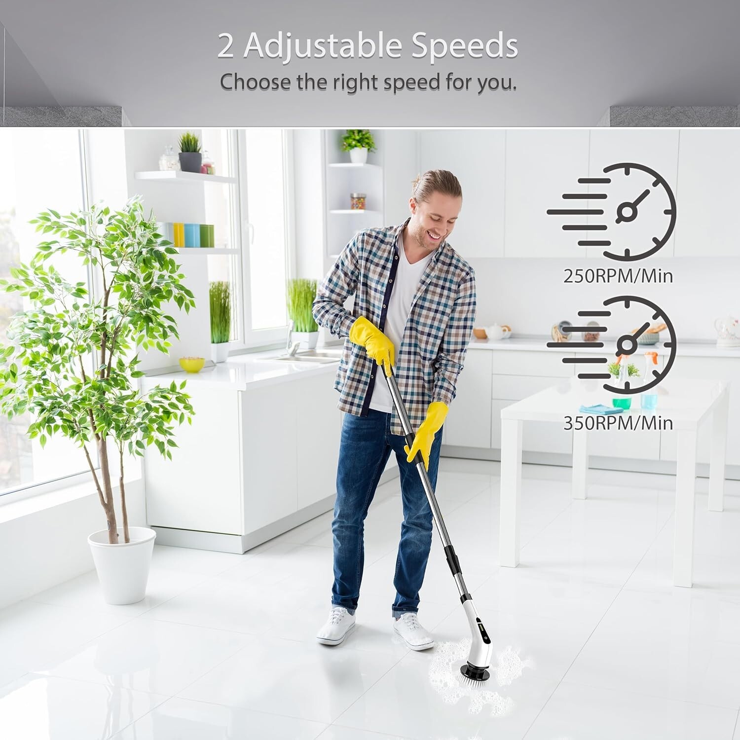 Electric Rotating Washer, Long Handle For Shower Cleaning Brush w/6 Brush Heads
