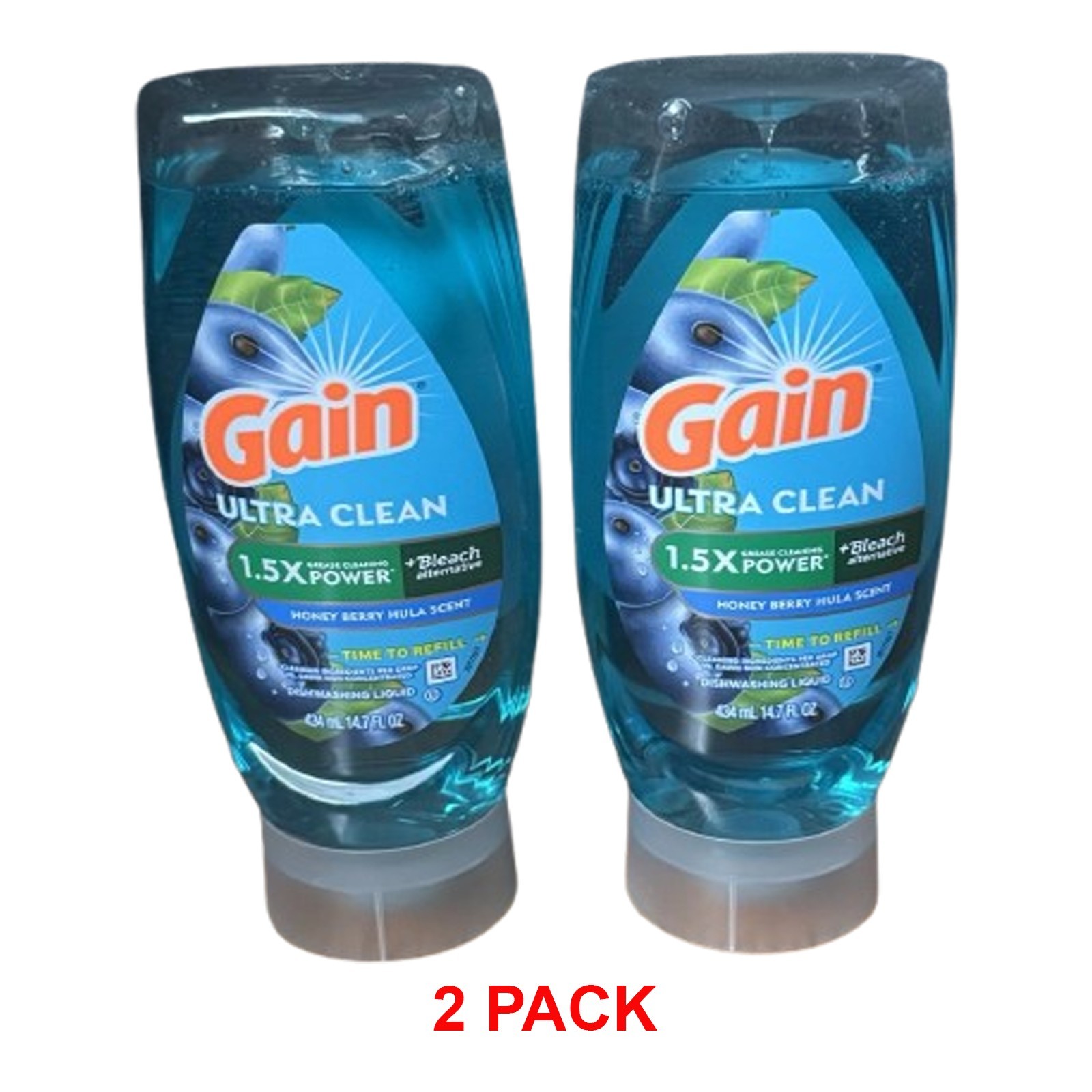 Lot of 2 Gain Dishwashing Liquid Honey Berry Hula + Bleach 14.7oz Fresh Scent