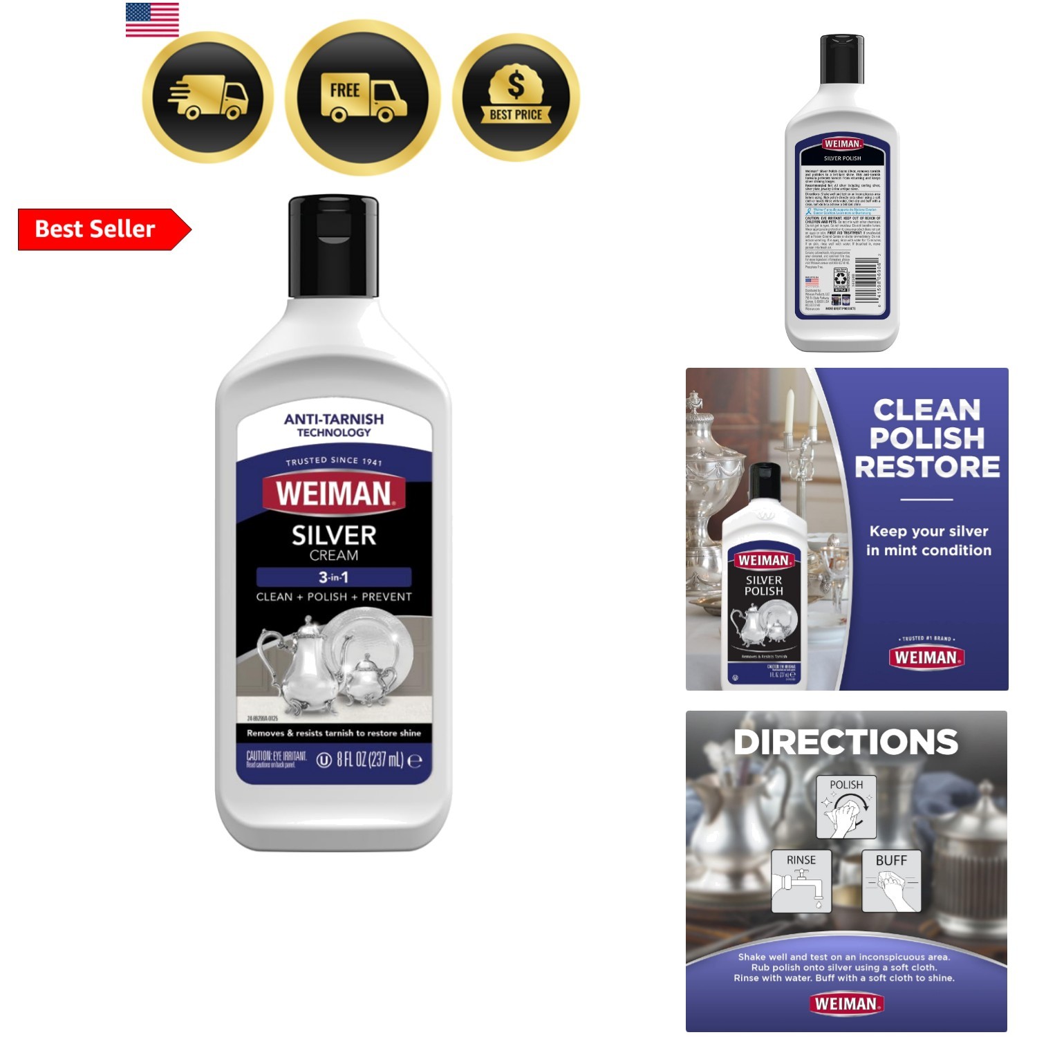 Silver Cream Cleaner 3-in-1, Anti-Tarnish Technology, Safely Clean, Polish, S…