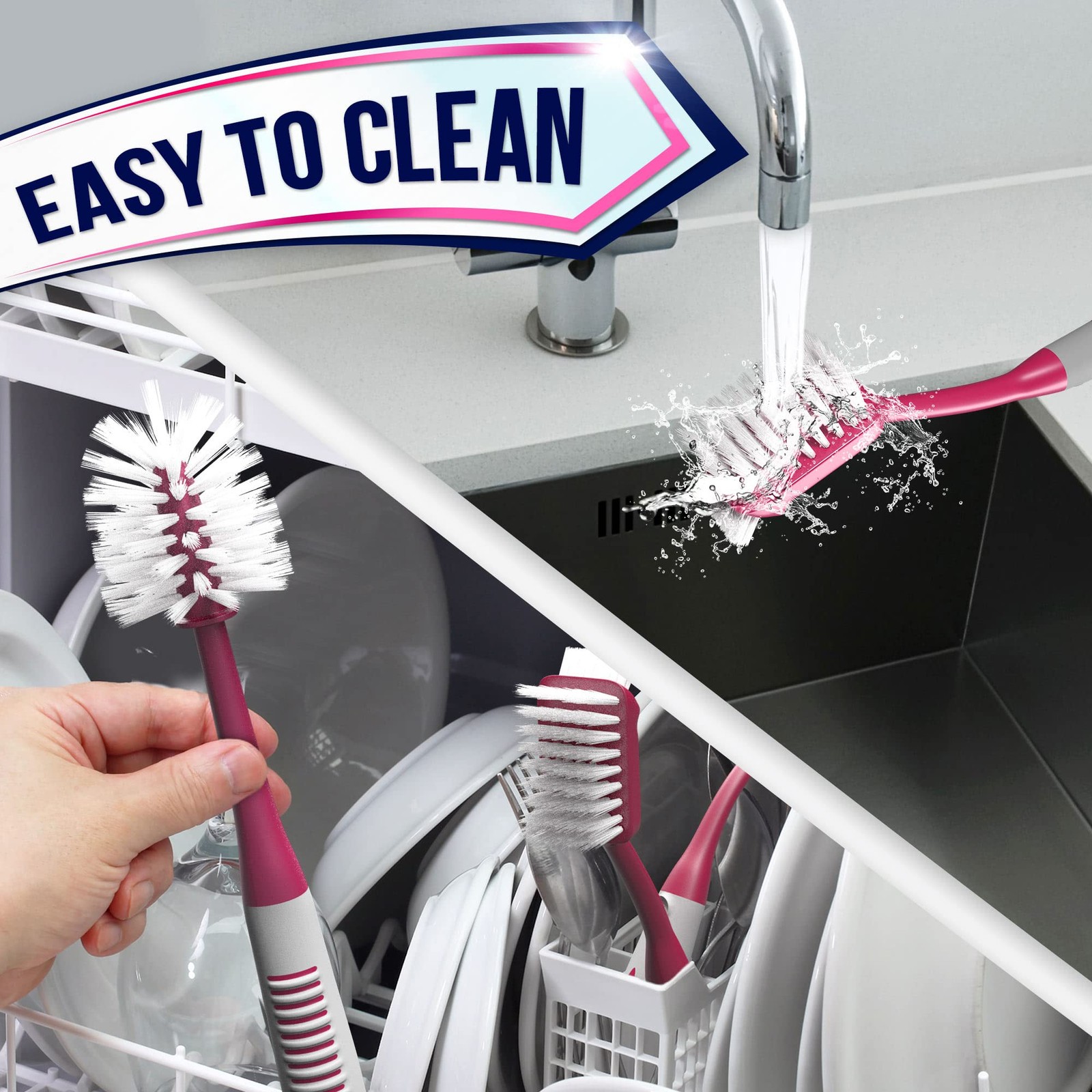 Dish Brush Set of 4 – Kitchen Scrub Brushes with Non-Slip Long Handle for Cle…