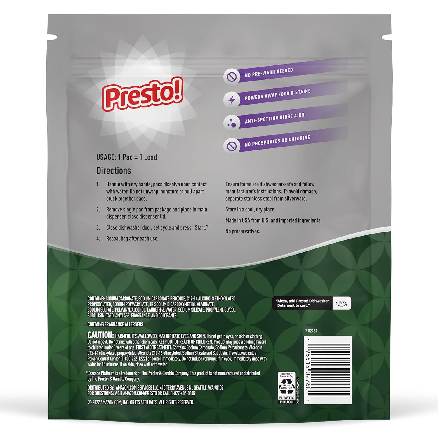 Amazon Brand – Presto! Triple Action Dishwasher Pacs, Fresh Scent, 90 Count