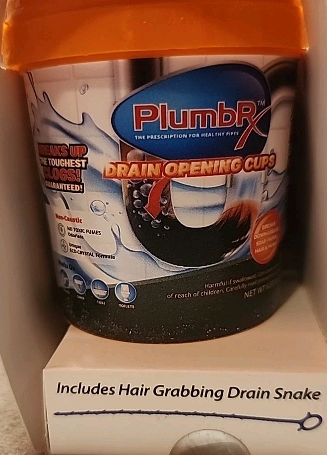 Lot of 2 Packages: PlumbRx Drain Opener Powder Cups + Hair Snake, 6 Total Cups
