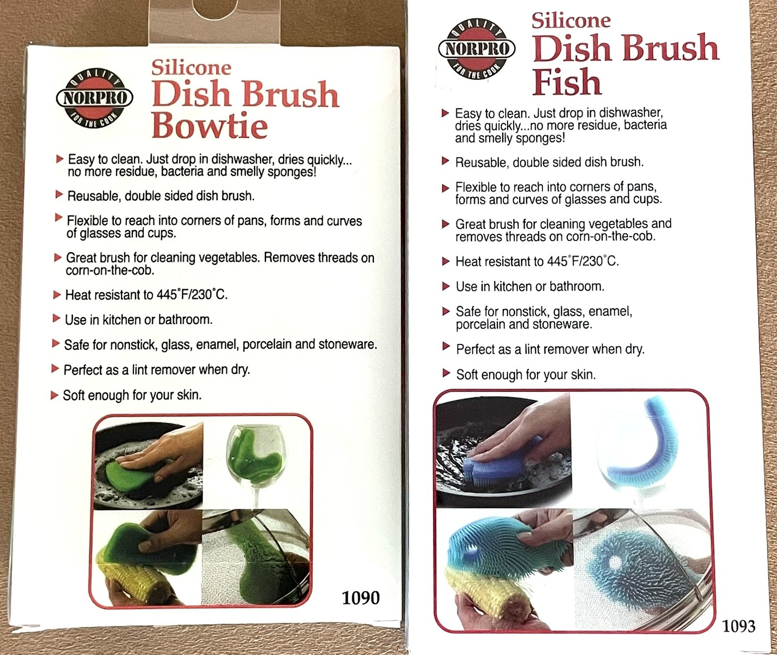 NEW NORPRO SILICONE DISH BRUSH BLUE FISH & GREEN BOWTIE SET OF 2