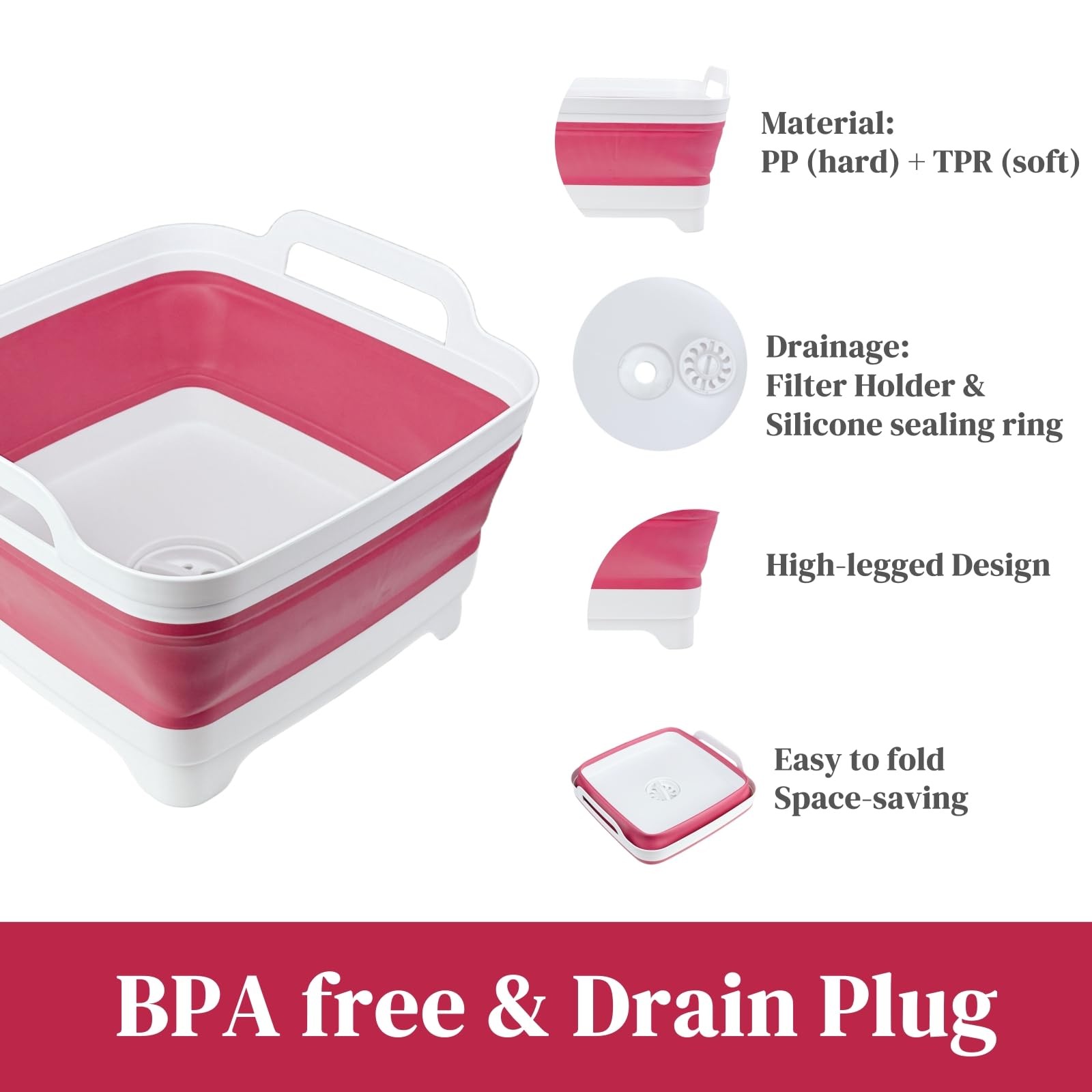 Collapsible Wash Basin 2.4 Gallons Portable Dish Tub for Baby Bottles Magenta