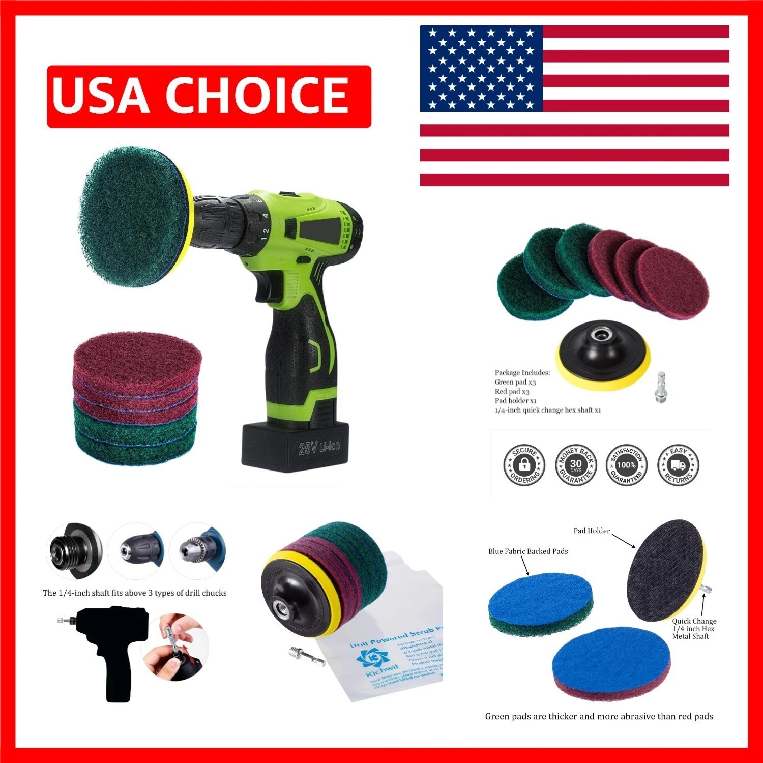 4-Inch Deluxe Drill Brush Cleaning Kit: Red & Green Pads for Efficient Scrubbing