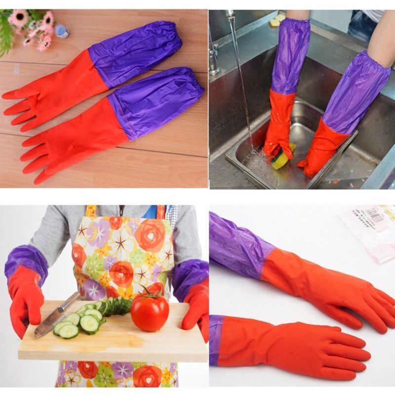 2Pairs Rubber Latex Warm Gloves Extra Long Cuff Sleeve Kitchen Dish Cleaning PVC