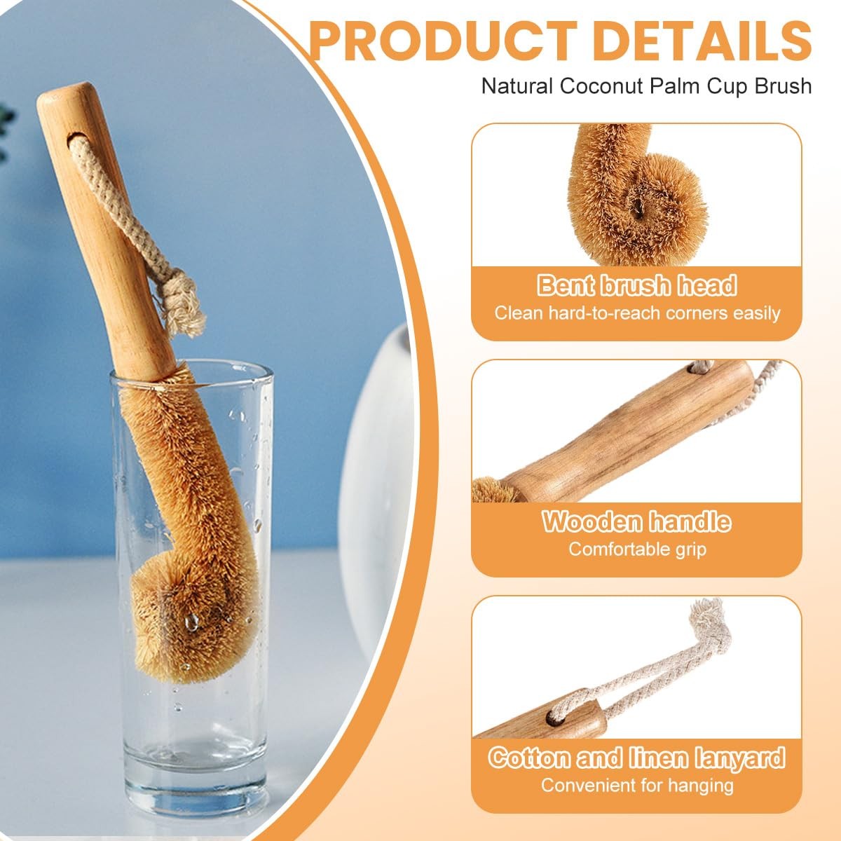 1Pcs 26CM/9.6Inch Natural Coconut Fiber Scrubber Brush with Wooden Handle Lon…