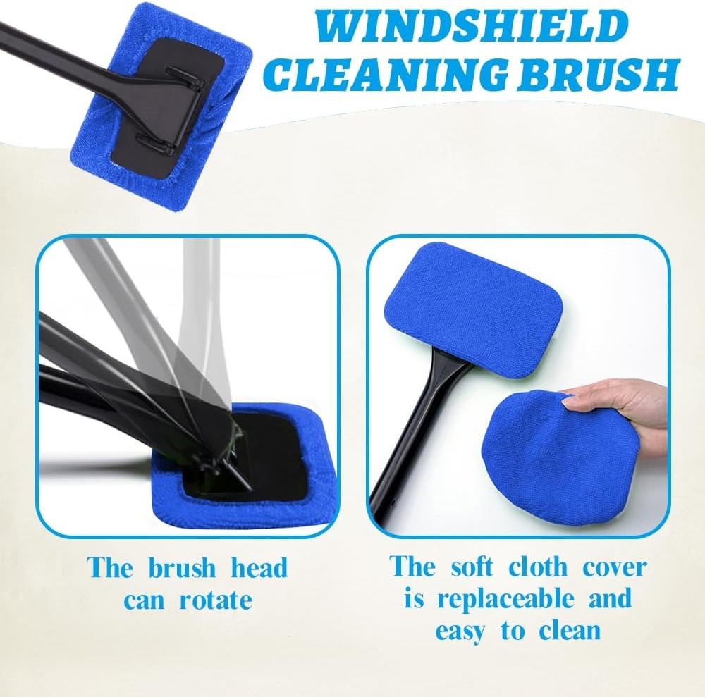 Car Windshield Cleaning Tool – 2 Reusable Microfiber Pads & 1 Flexible Handle