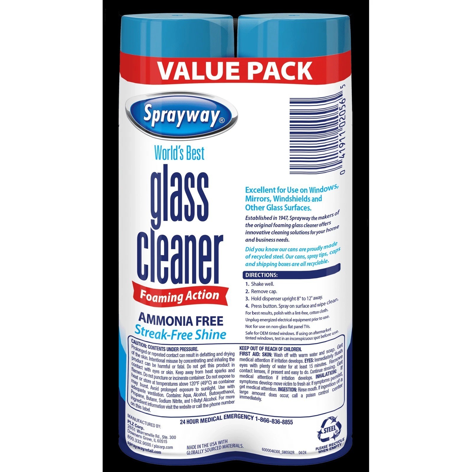 Sprayway 2 Pack Glass Cleaner Foaming Ammonia Free Streak-Free Shine 19 oz