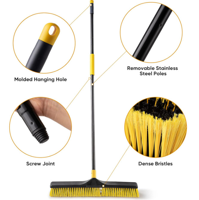 Escoba barredora 24″ con mango largo y cerdas duras para limpieza exterior, terr