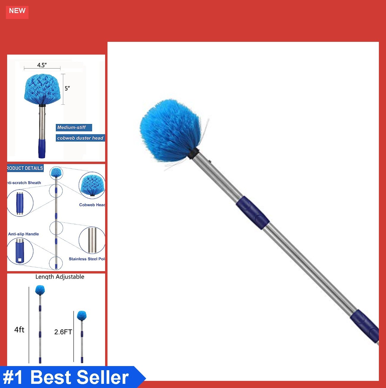Cobweb Duster with Pole 4FT Stainless Steel Medium-Stiff Bristles High Ceiling