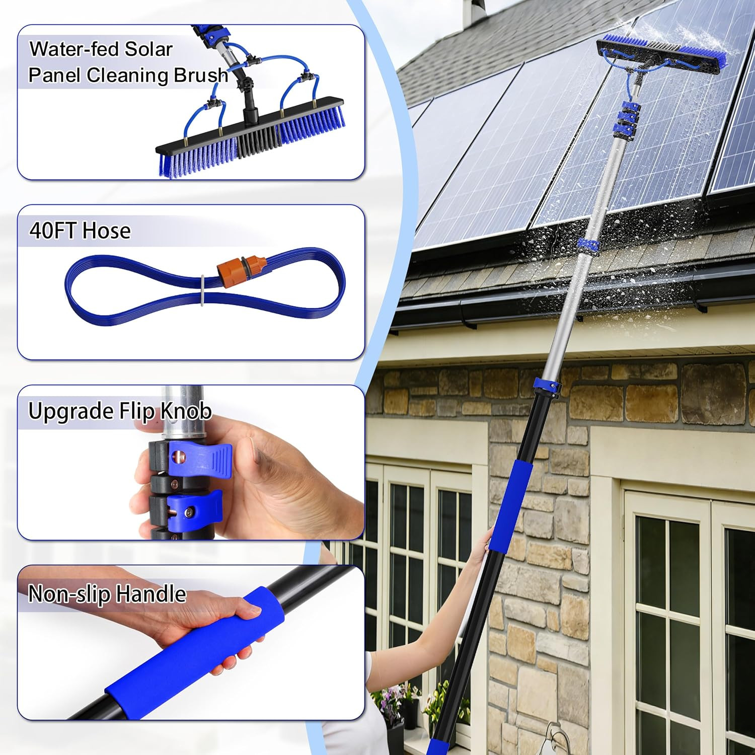 30FT Reach Solar Panel Cleaning Brush Kit with 5-24FT Telescoping Pole, 40FT Hos
