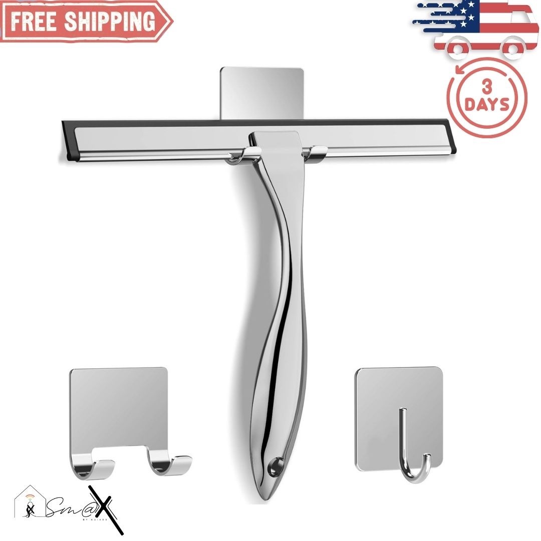 Squeegee – Glass Cleaner w/ Adhesive Hooks, Stainless Steel Shower, 10”