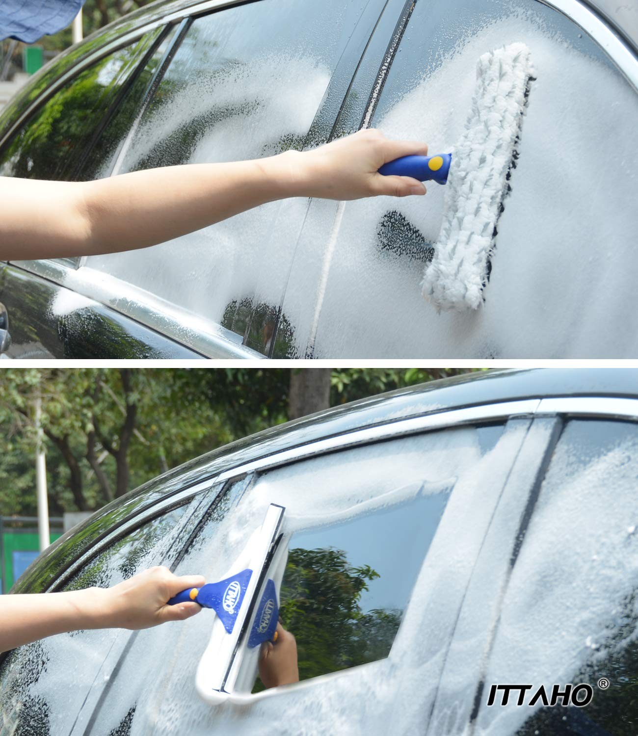Window Squeegee with Extension Pole, Separate 12″ Squeegee & 11″ Microfiber S…