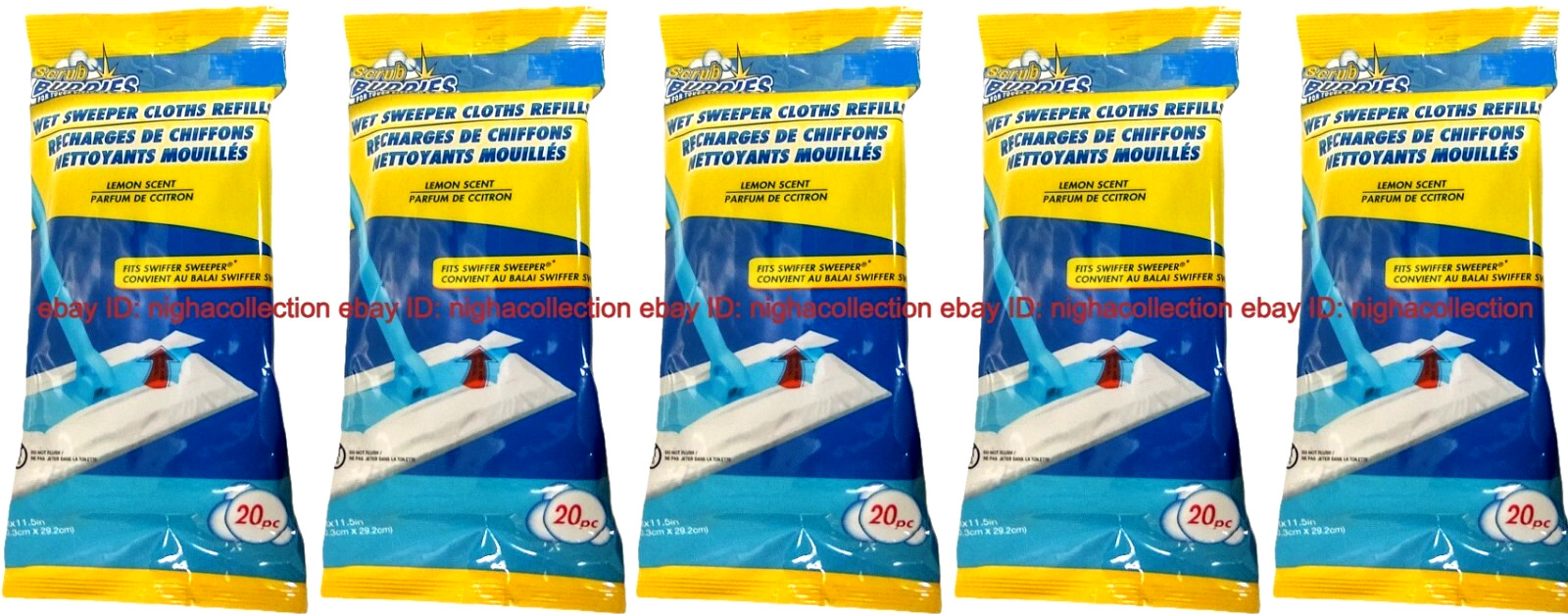 5 X 20-ct. Total Scrub Buddies Lemon Wet Sweeper Mopping Cloth Refills SEALED