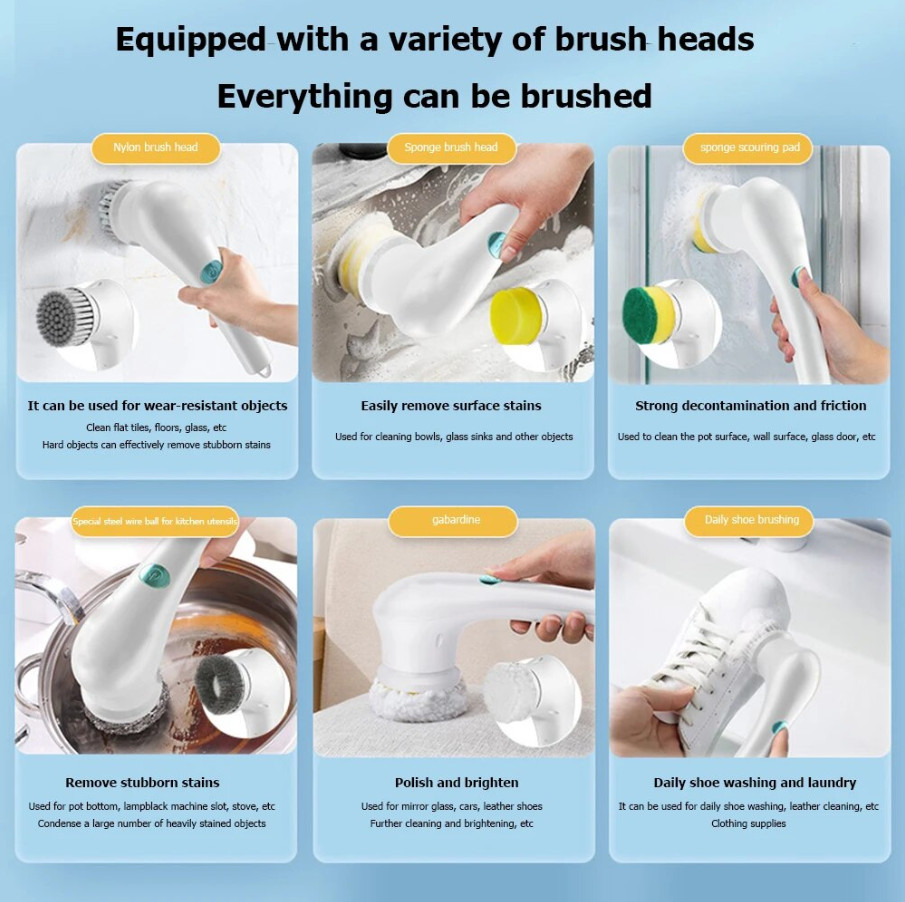 Cordless Electric Spin Scrubber, Rechargeable Turbo Cleaner with 5 Brush Heads