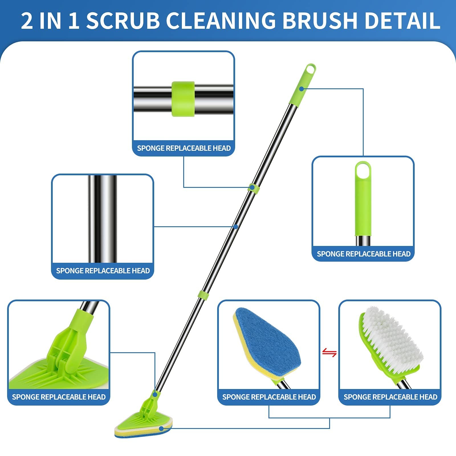 2 in 1 Scrub Cleaning Brush with 37” Long Blue, Green, Silver, White
