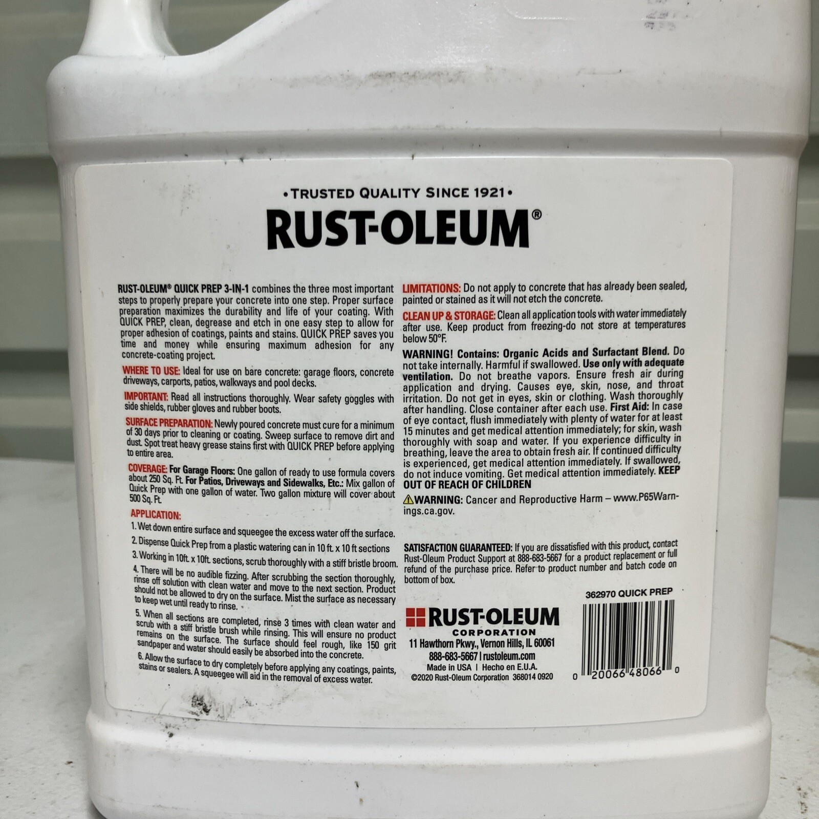 Rust-Oleum Quick Prep 3-in-1 Concrete Cleaner, Degreaser & Etch, Gallon 128 oz