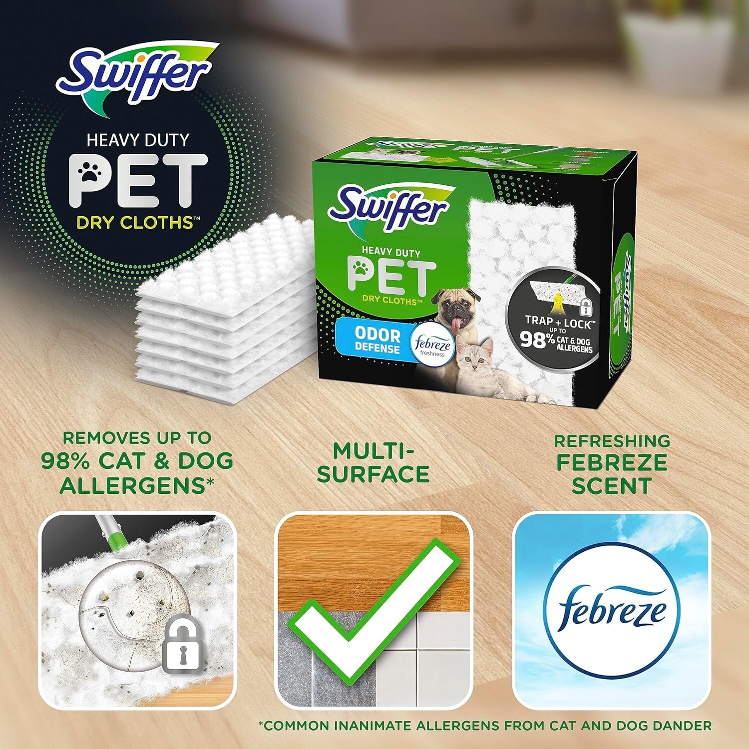 Swiffer Sweeper Pet, Heavy Duty Dry Cloth Refills, Febreze Odor Defense, 32 ct