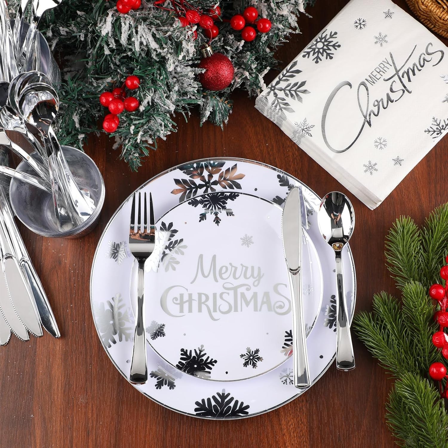 Sliner 230 Pcs Christmas Disposable Plastic Plates Set 7 and 9″ Silver Plates