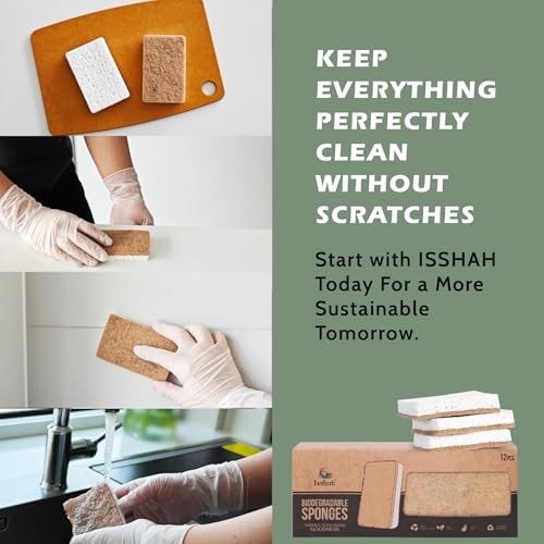 Isshah Plant-Based Kitchen Sponges, Eco-Friendly Sisal Hemp Scrubbers, 12 Count