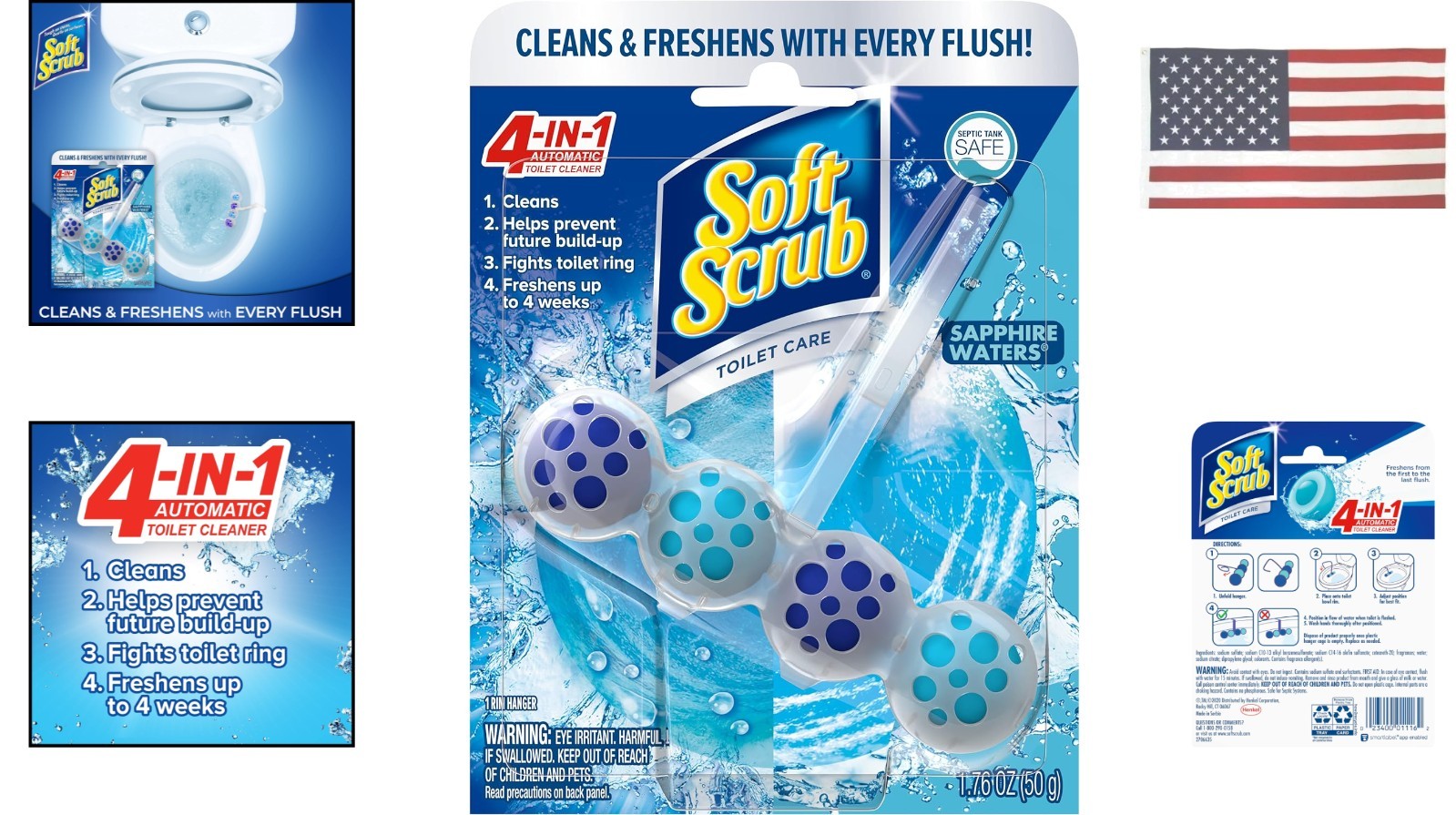 1 Pack 4-in-1 Rim Hanger Toilet Cleaner, Sapphire Waters, 1.76 fl oz (50 g)