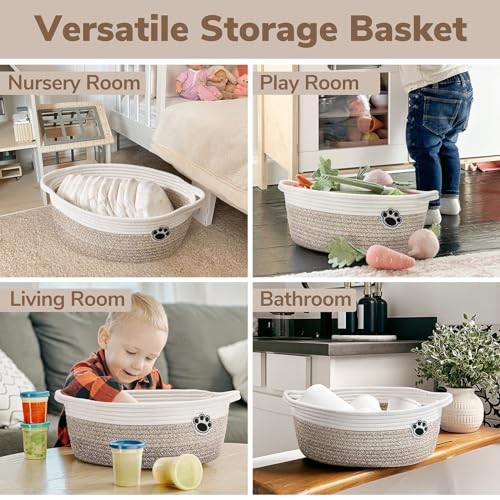 HiChen Small Woven Storage Basket 12x8x5 Paw Print Dog Toy Nursery Organizer