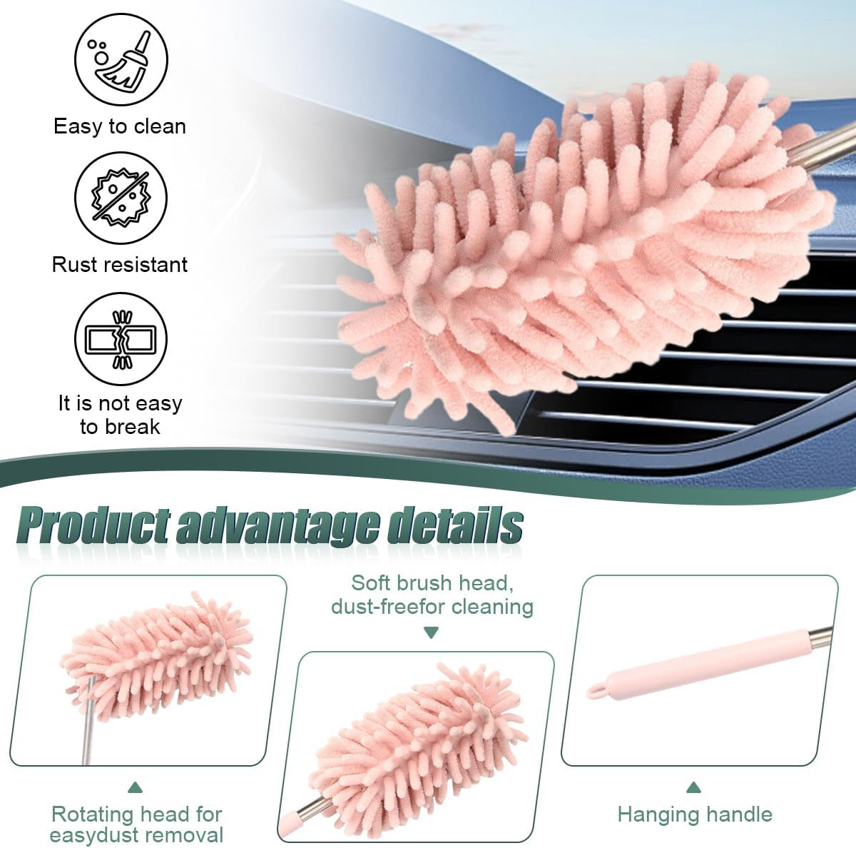 2PCS Car Interior Duster, Soft Chenille Detailing Brush with Extension Pole, Was