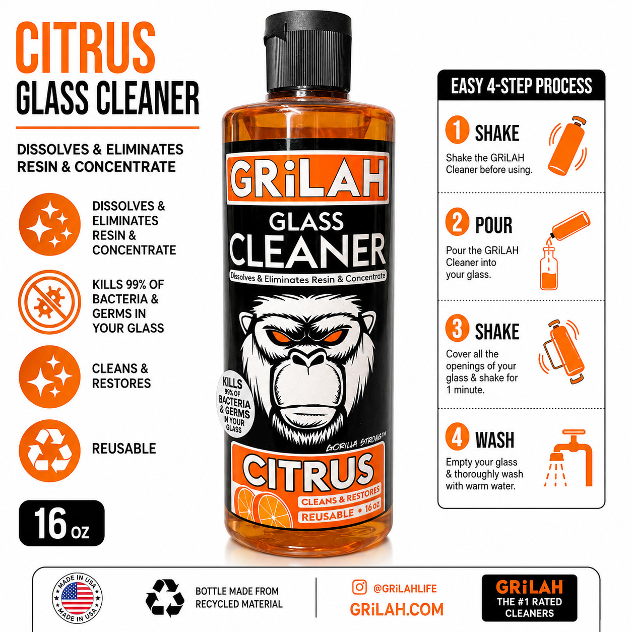 GRILAH Citrus Orange Glass Pipe Bong Cleaner Resin Remover Reusable – 16 oz