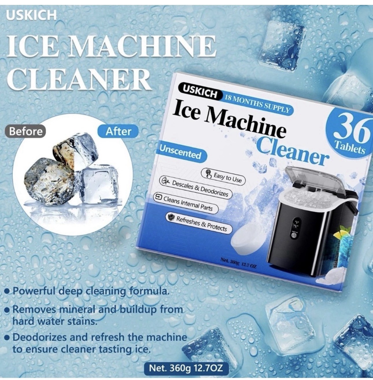USKICH Ice Machine Cleaner Tablets 36 Pack Unscented Descaler & Deodorizer