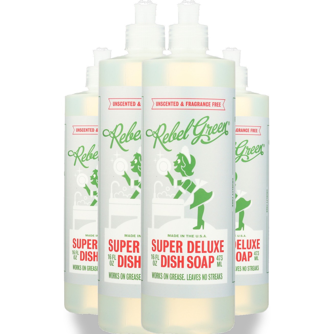 Rebel Green Unscented Super Deluxe Dish Soap 16 Oz Plant Based 4 Pack