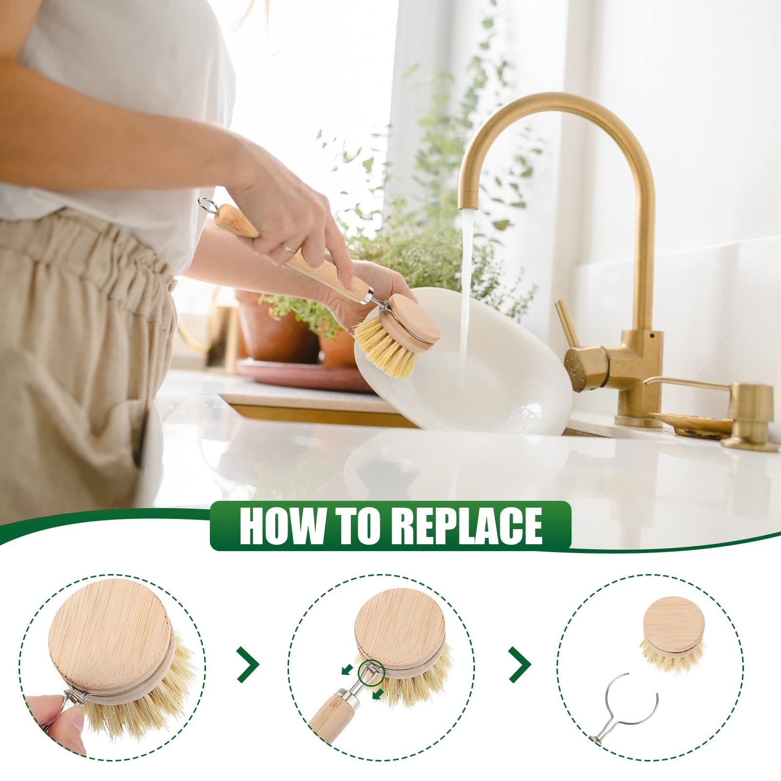 8 Pcs Bamboo Dish Brushes Set – Natural Sisal Bristles, Long Handle Scrubbers fo