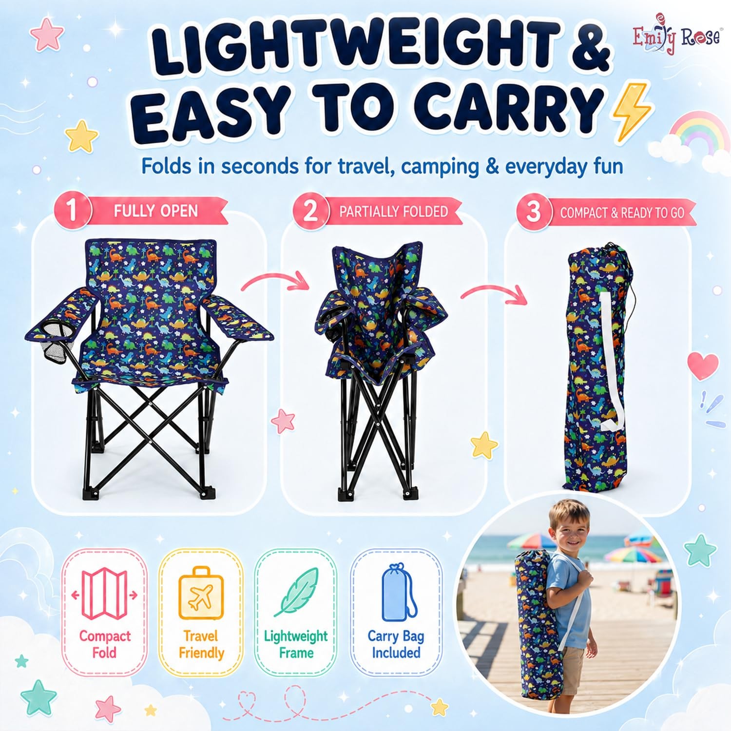Playful Dinosaurs Kids Folding Camp Chair – Lightweight Portable Toddler Beac…