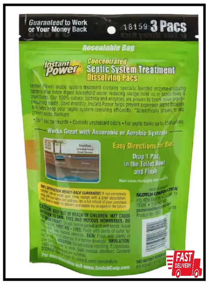 Septic System Treatment Pacs 3 Pack Dissolving Enzyme Maintenance Drain Cleaner