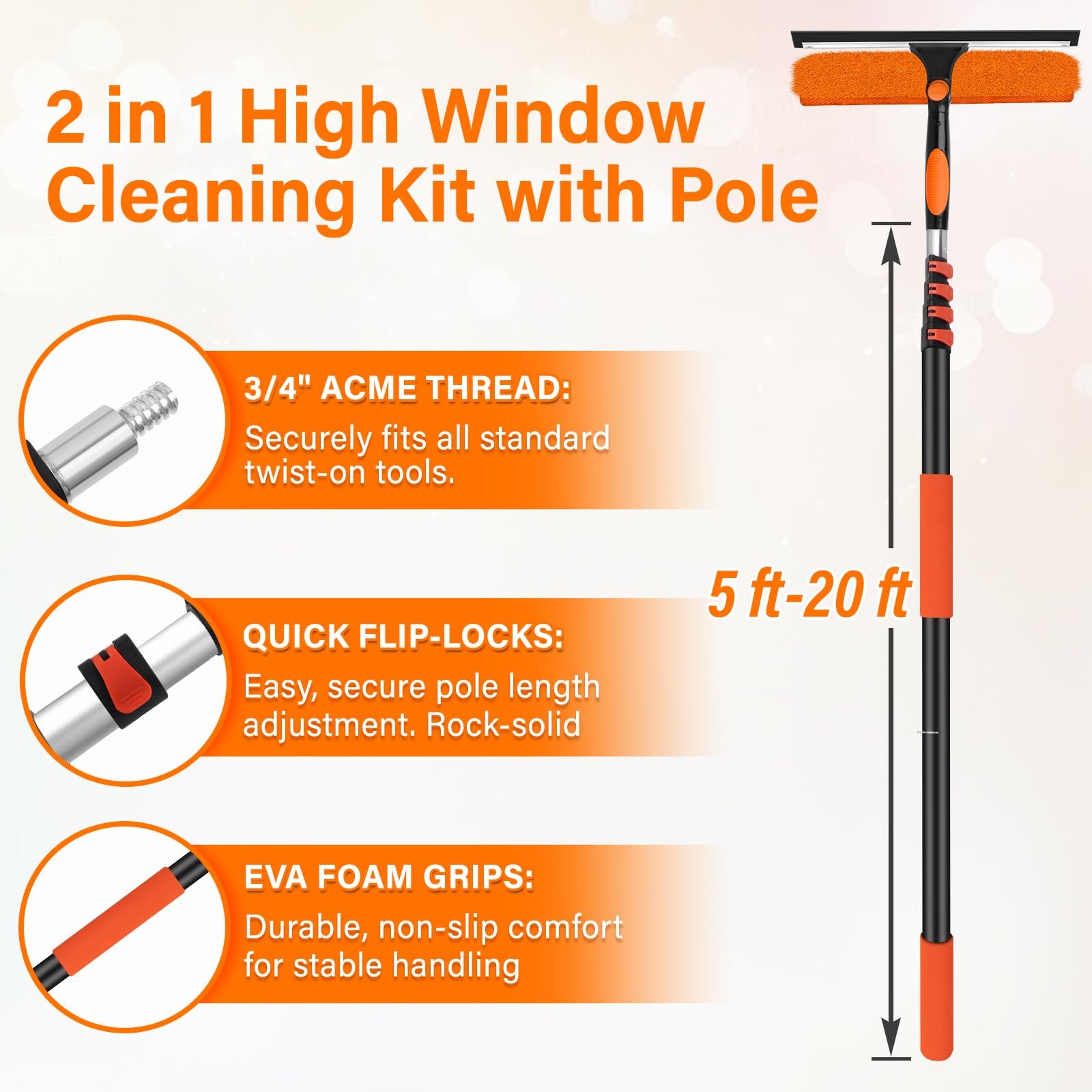 26FT Telescoping Window Cleaning Kit with Squeegee & Scrubber for High Windows