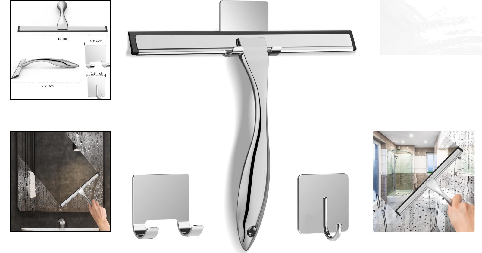 Ergonomic Shower Squeegee & 2 Adhesive Hooks – Streak-Free Window Cleaning Tool