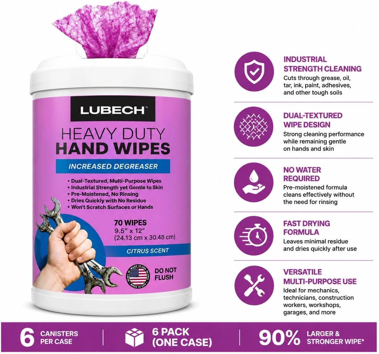 LUBECH Heavy Duty Hand Wipes, 6-Pack + Free Jumbo Accordion Windshield Sunshade.
