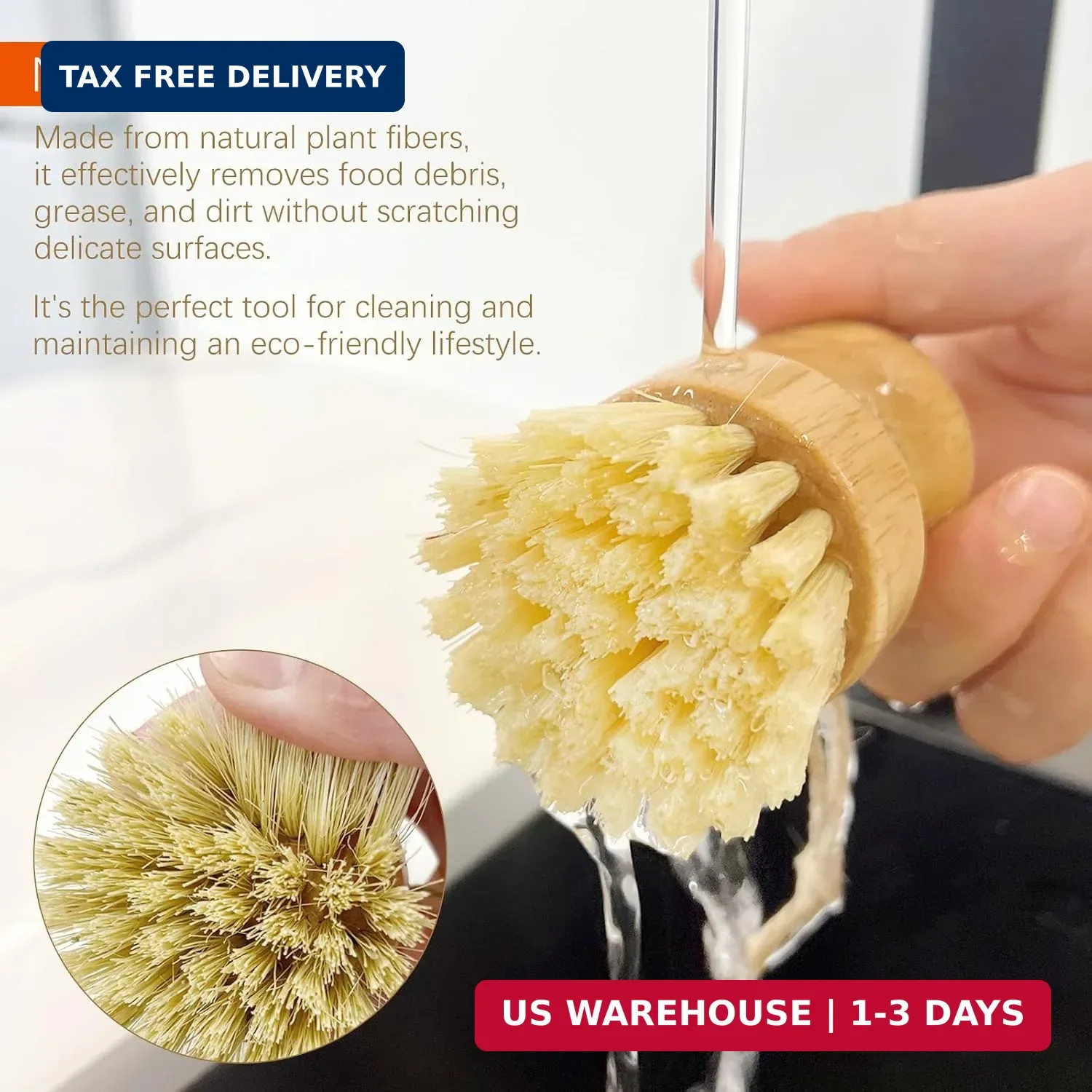 2pcs Wooden Dish Scrub Brushes for Kitchen, Eco-Friendly Cleaning Scrubbers, Nat