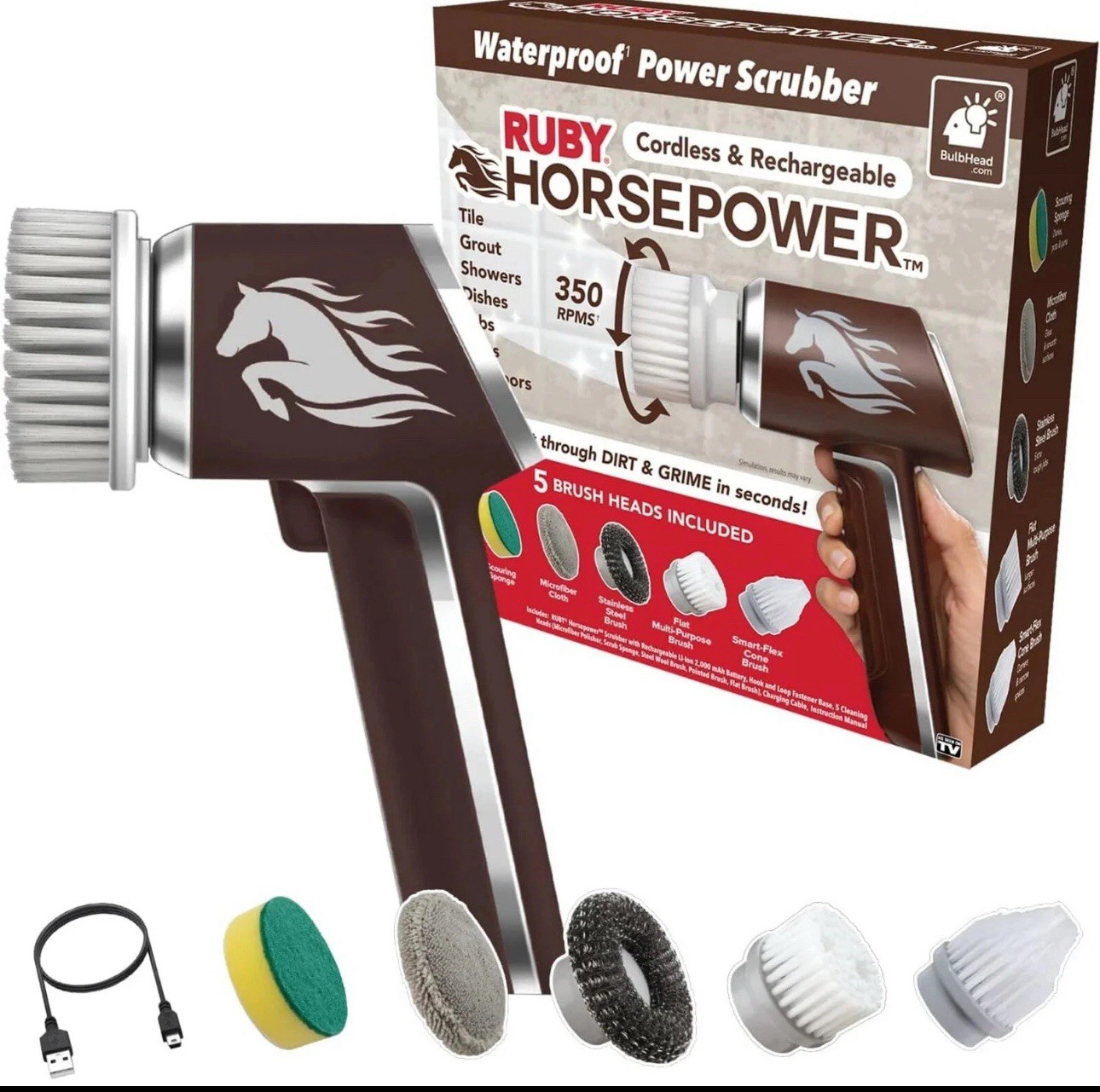 HORSEPOWER RUBY Waterproof Cordless 360° Power Scrubber W/ 5 Heads! – NEW!