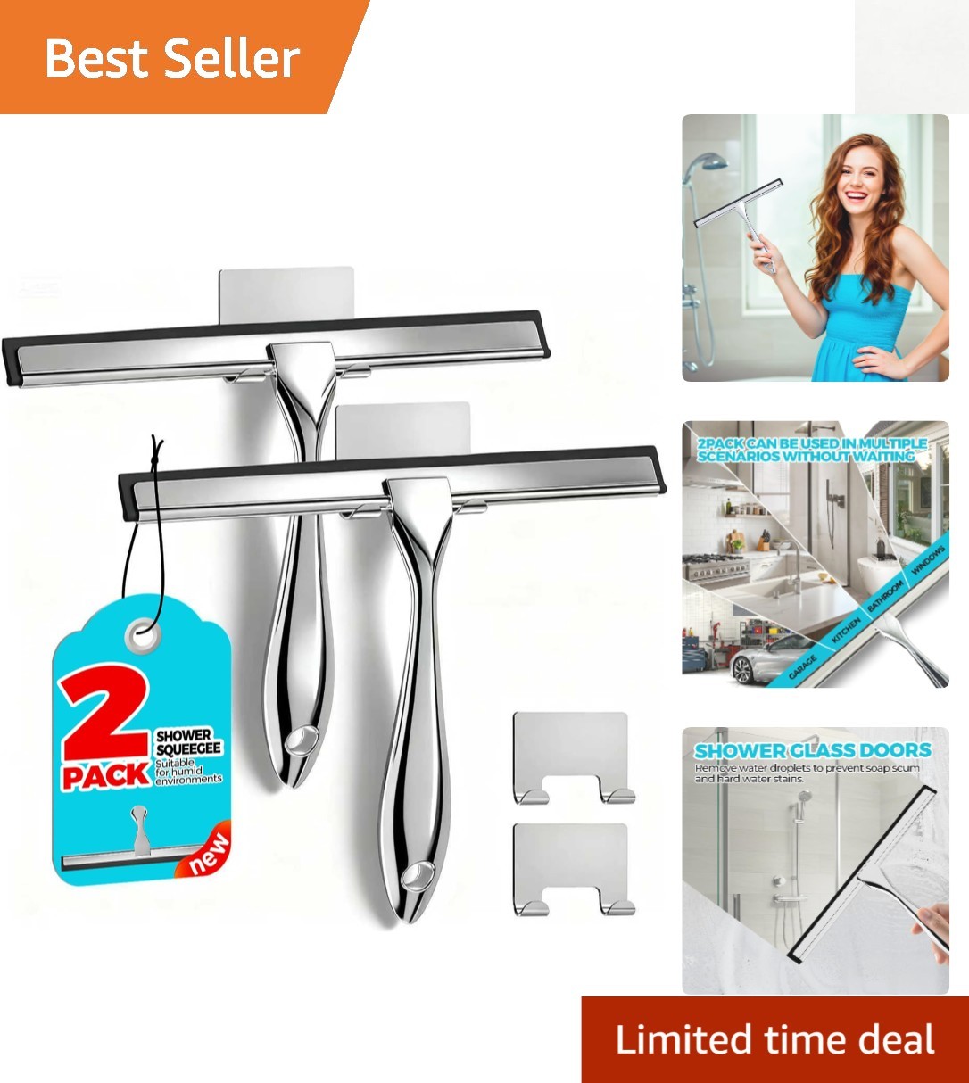 All-Purpose 10-Inch Shower Squeegee with Soft Rubber Blade and Hooks – Silver
