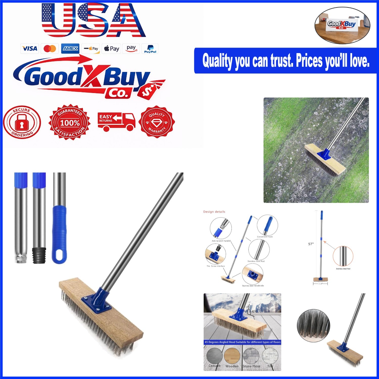 Stainless Steel Deck Brush 57-Inch Heavy Duty Scrubber for Concrete Pool Pati…