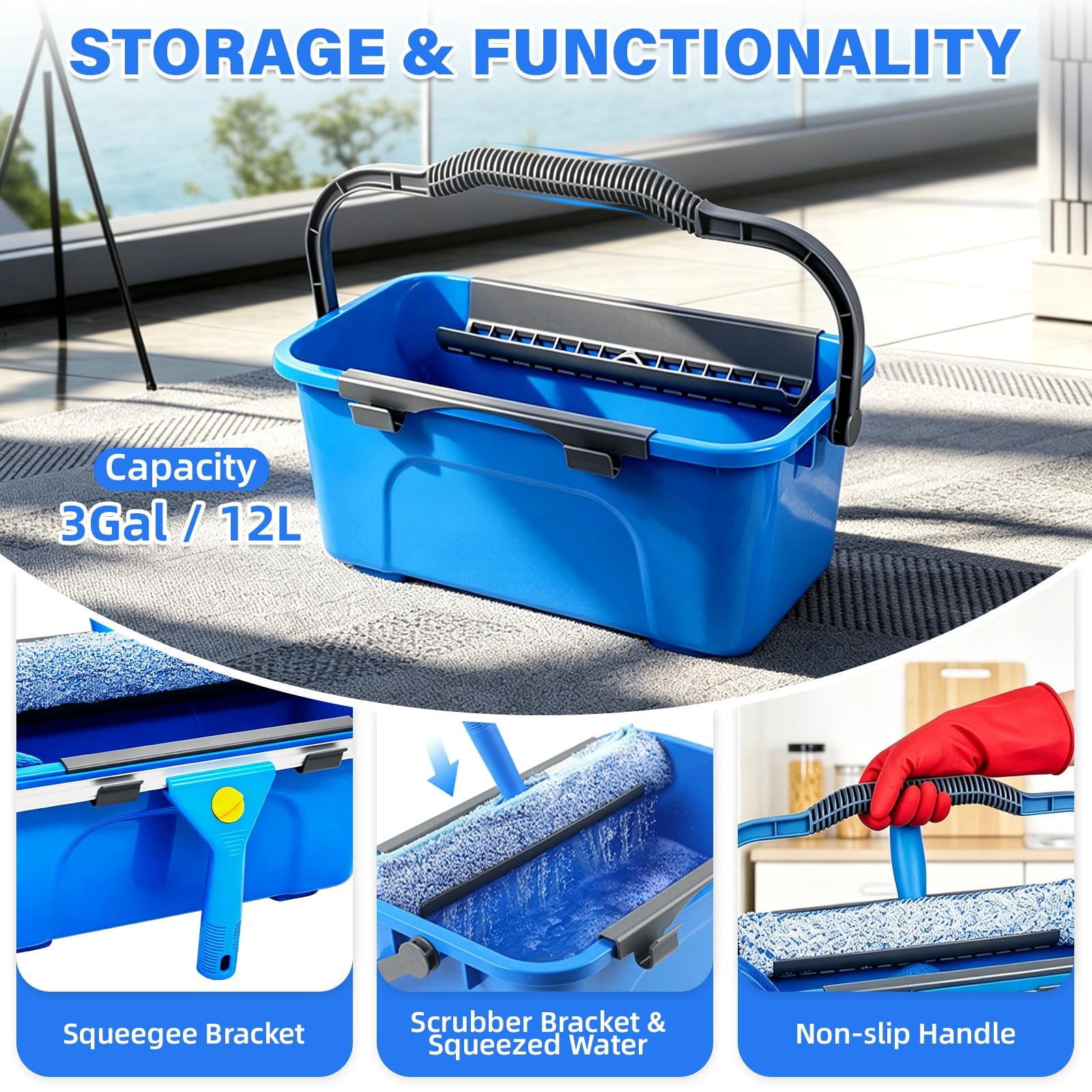 Window Cleaning Kit with 3 Gal Bucket – 14” Window Squeegee&15” Scrubber&76…